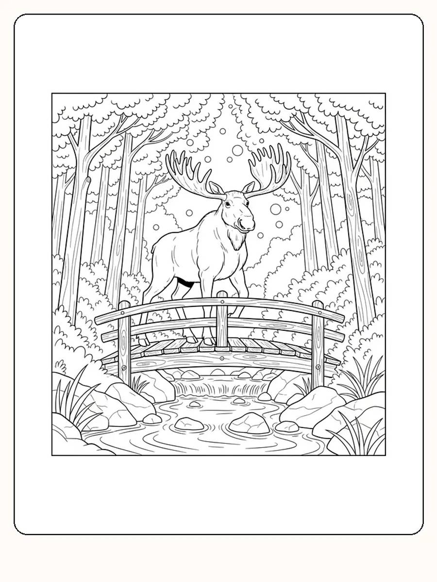 Tegning til farvelægning af en elg, der står på en bro i skoven, klar til print