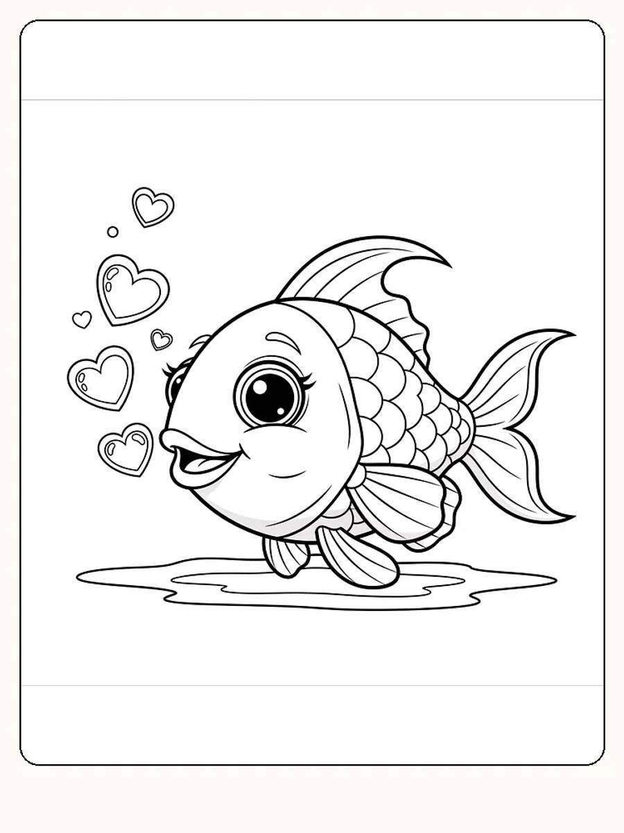Fargeleggingstegning av en smilende fisk med hjerteformede bobler