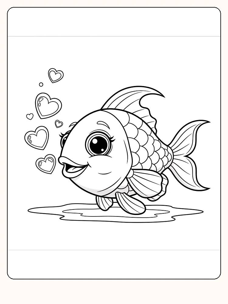 Fargeleggingstegning av en smilende fisk med hjerteformede bobler