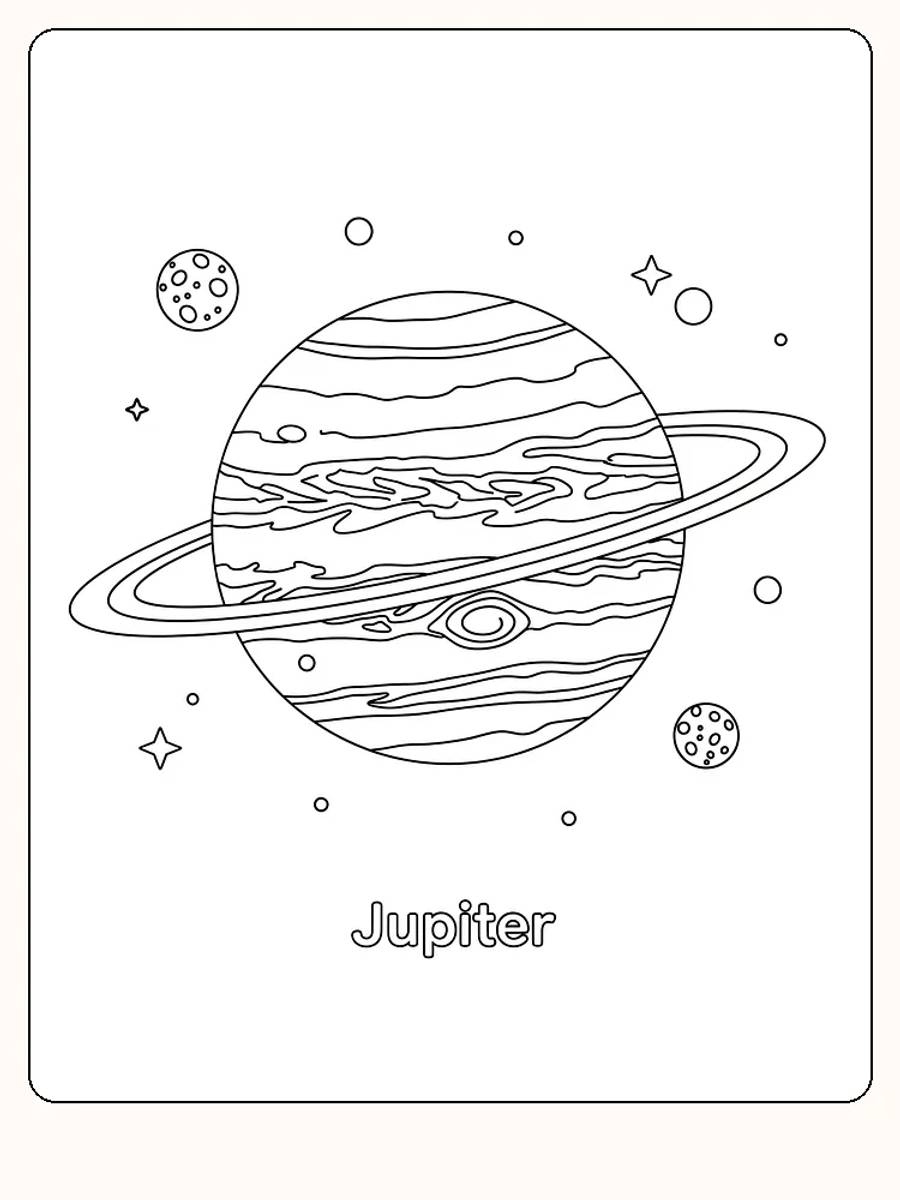 Fargeleggingstegning av Jupiter med ringer og stjerner, klar for utskrift