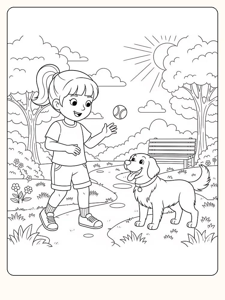 Målarbild av en flicka som kastar en boll till en hund i en solig park, redo för nedladdning.