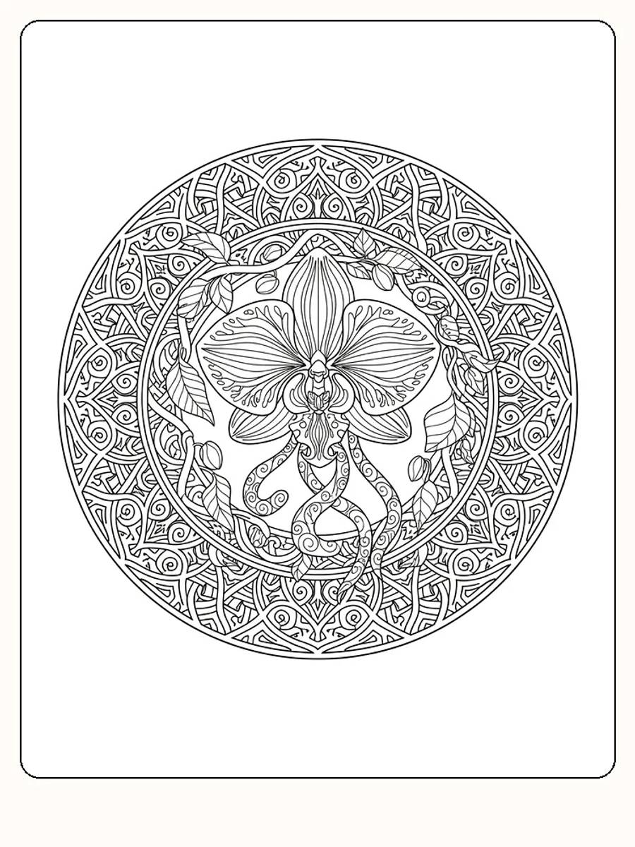 Ausmalbild einer detaillierten Mandala mit Blumenmuster