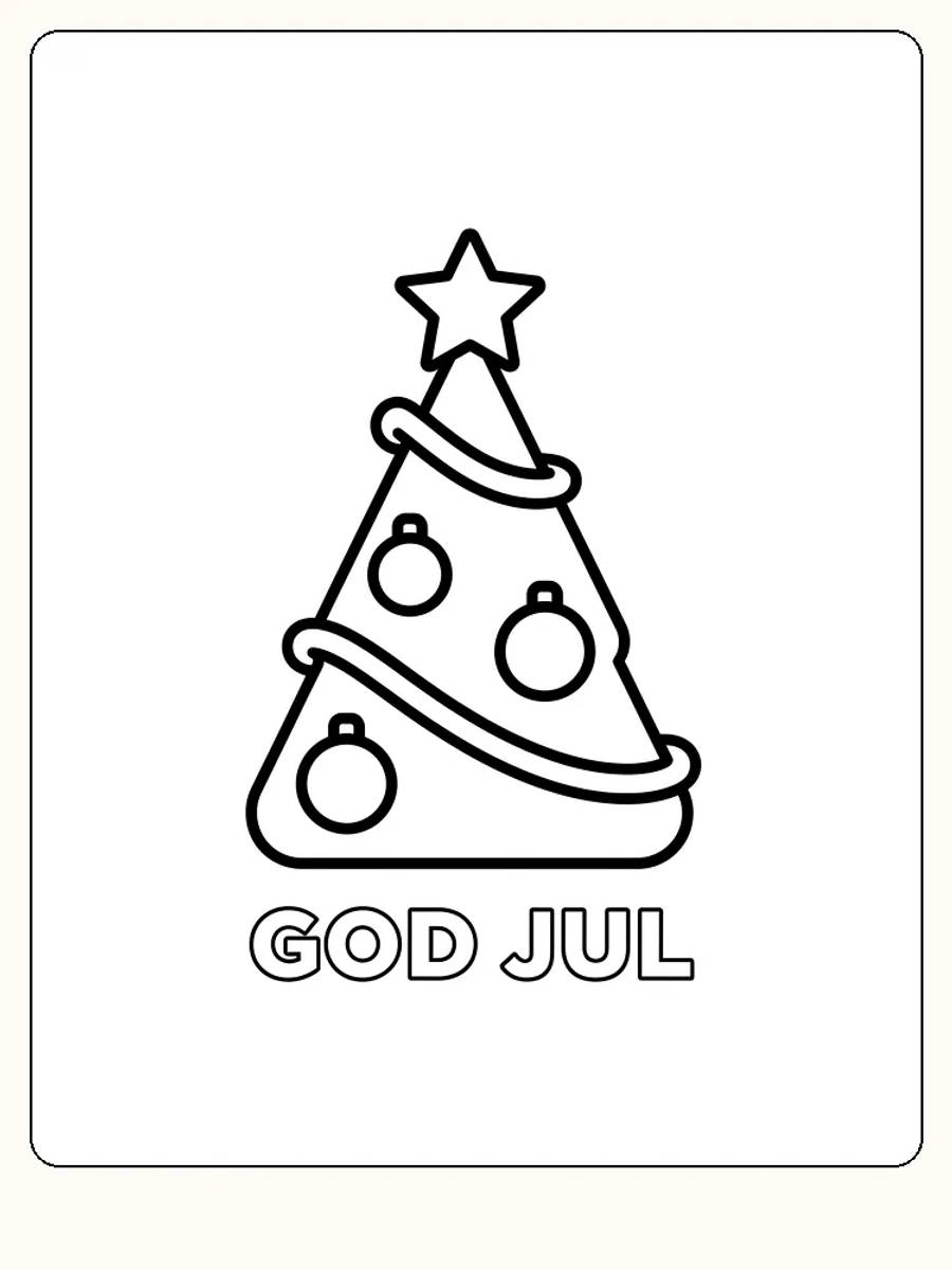 Fargeleggingstegning av juletre med kuler, stjerne og teksten 'God Jul' for utskrift