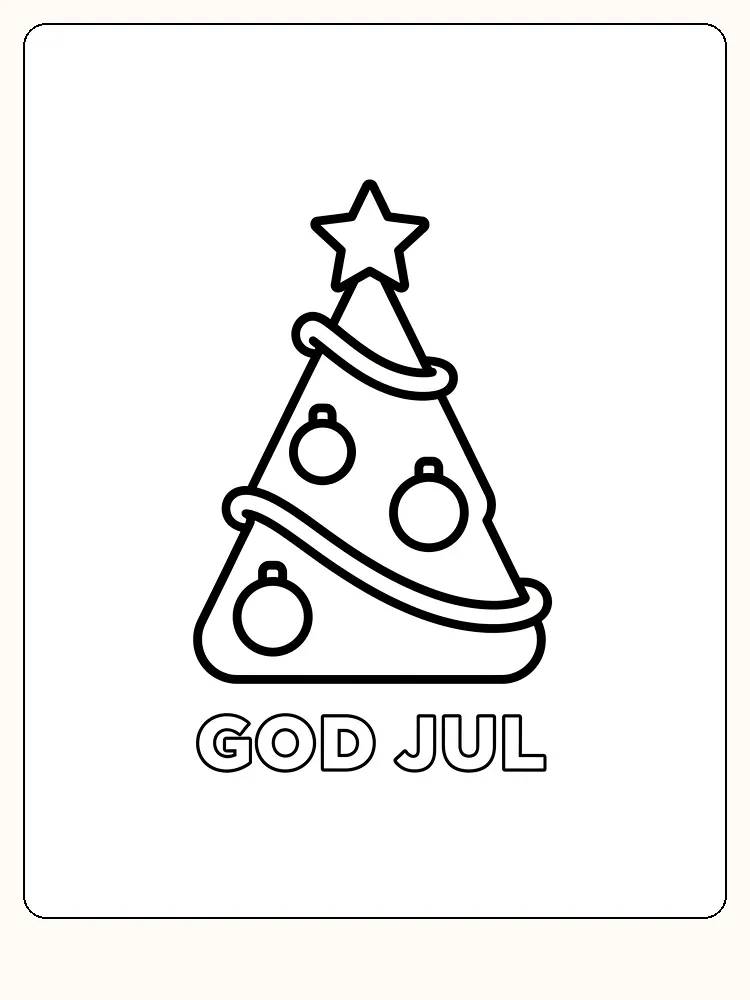 Fargeleggingstegning av juletre med kuler, stjerne og teksten 'God Jul' for utskrift