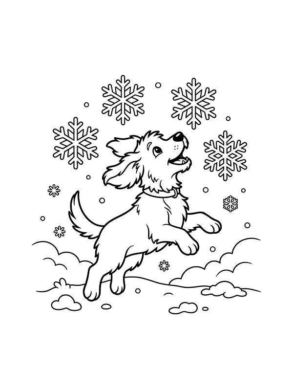 Chien qui saute, la gueule ouverte, avec des flocons de neige