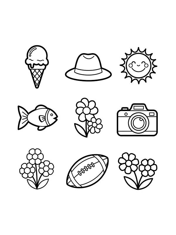 Forskjellige symboler: is, sol, fisk, kamera, underkategori