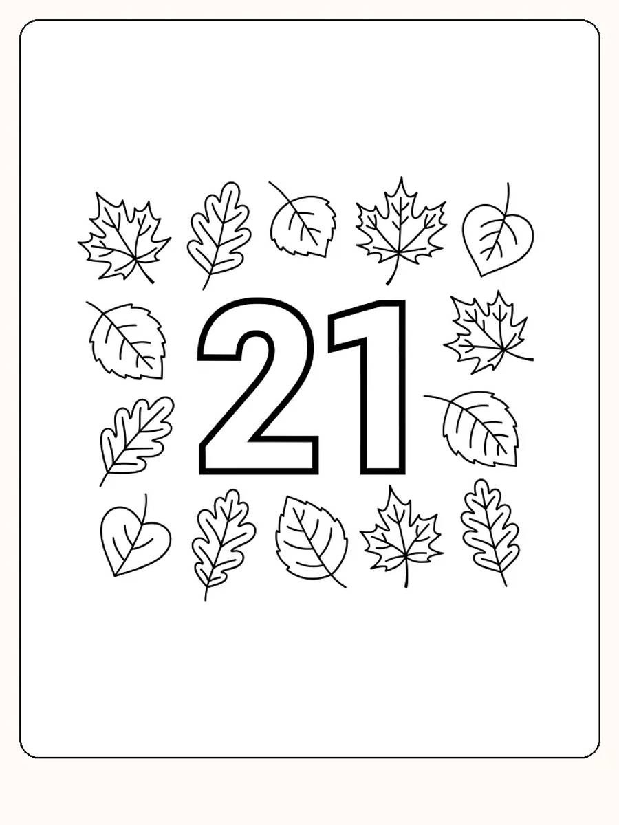 Ausmalbild mit der Zahl 21, umgeben von Herbstblättern, bereit zum Ausmalen.