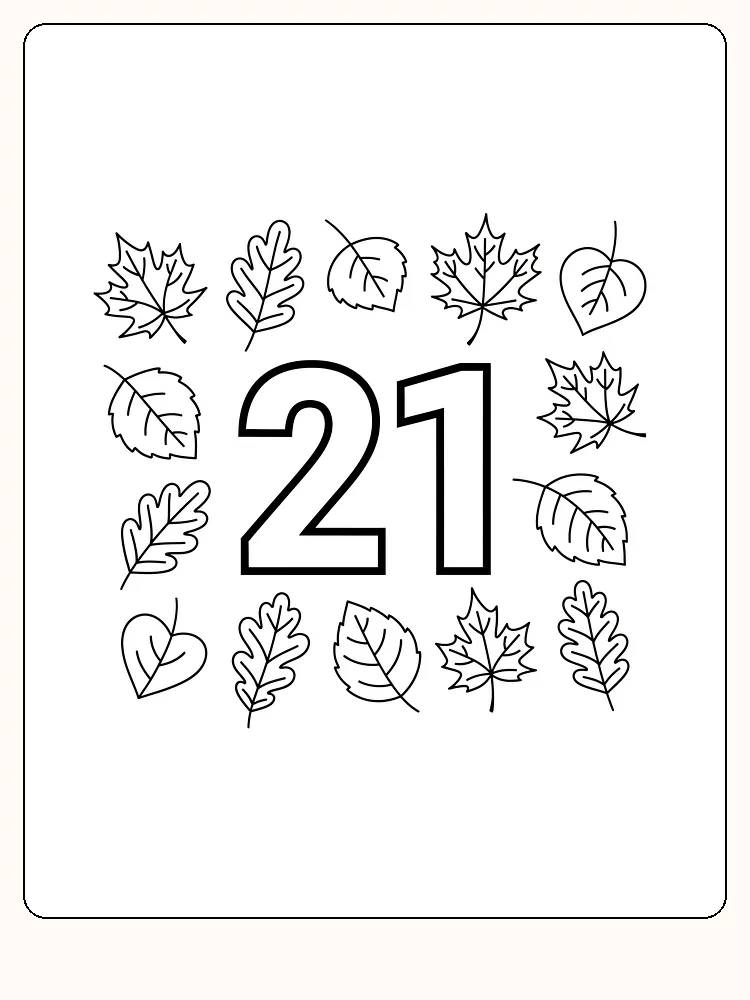 Ausmalbild mit der Zahl 21, umgeben von Herbstblättern, bereit zum Ausmalen.