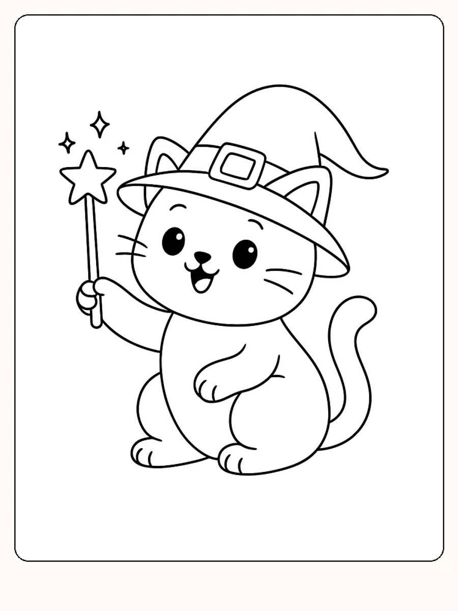 Ausmalbild einer Katze mit Hexenhut und Zauberstab, bereit zum Ausdrucken