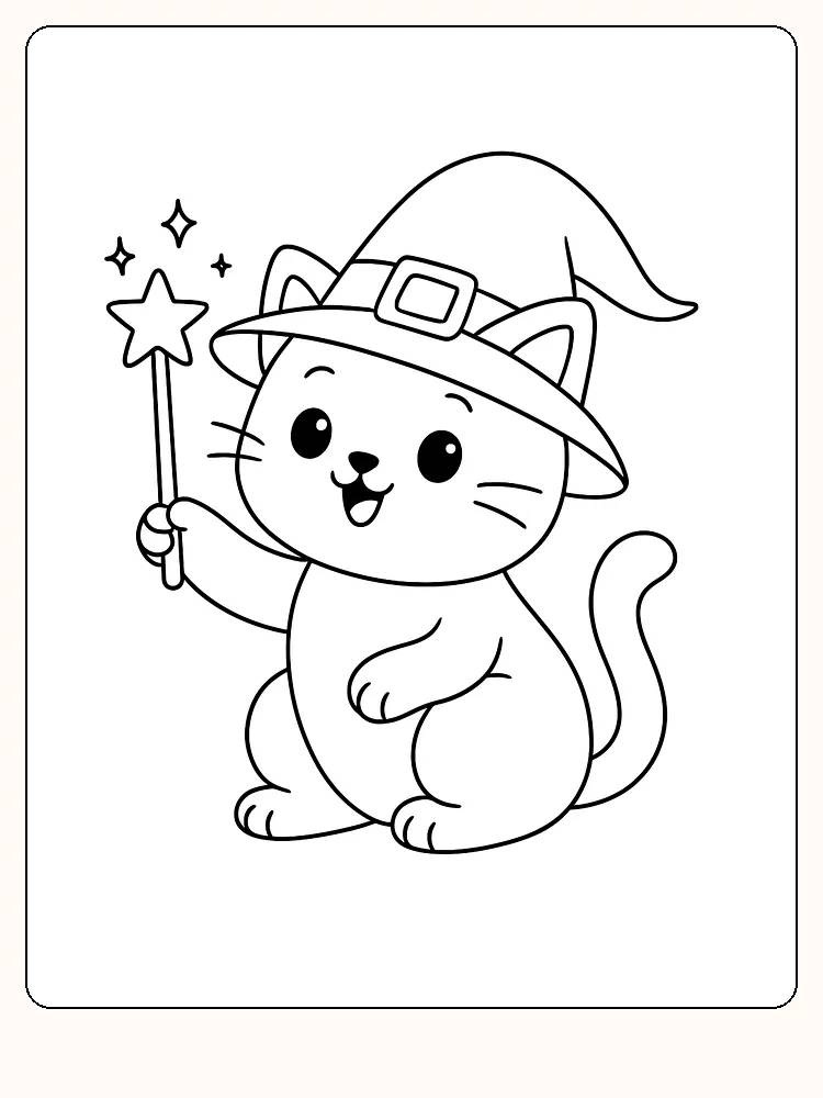 Ausmalbild einer Katze mit Hexenhut und Zauberstab, bereit zum Ausdrucken