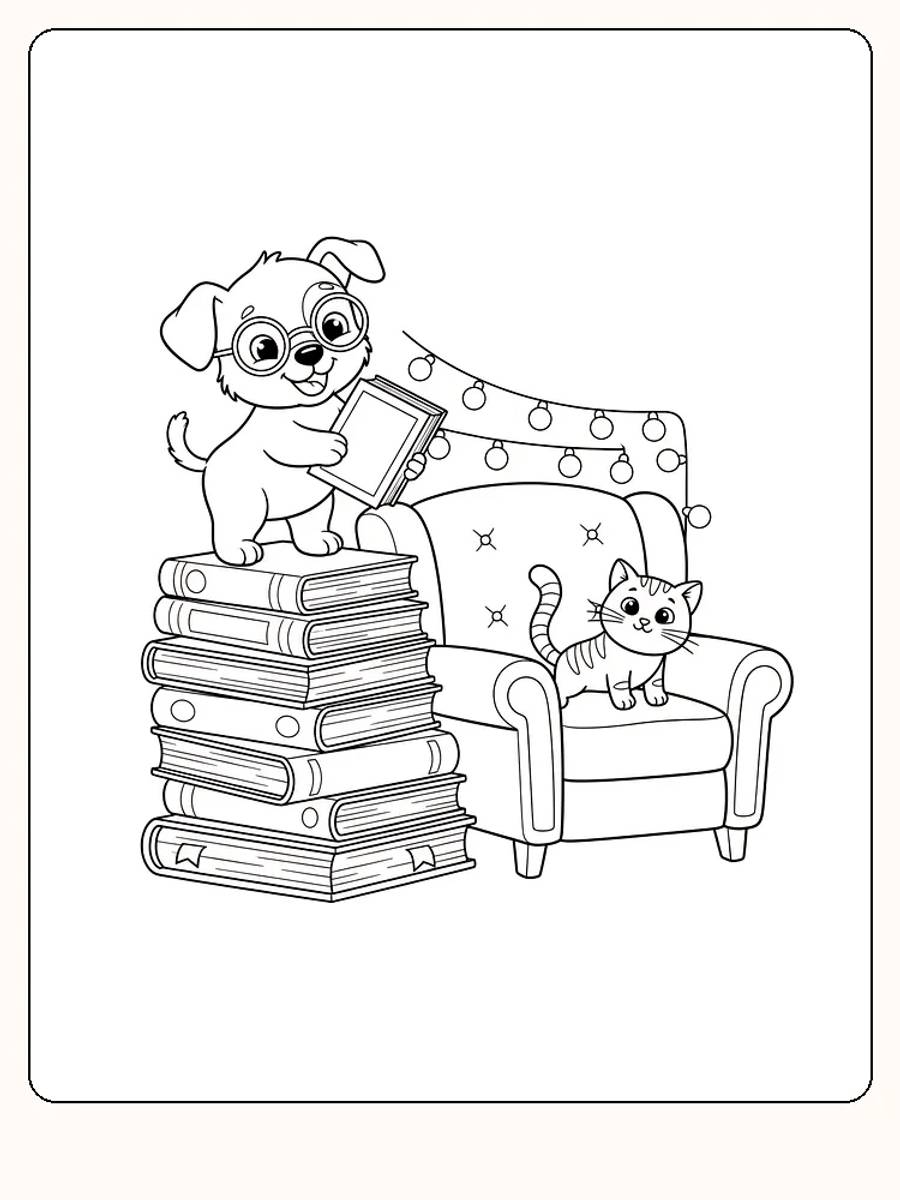 Fargeleggingsbilde av en hund med bok på boksstabel og en katt i stol