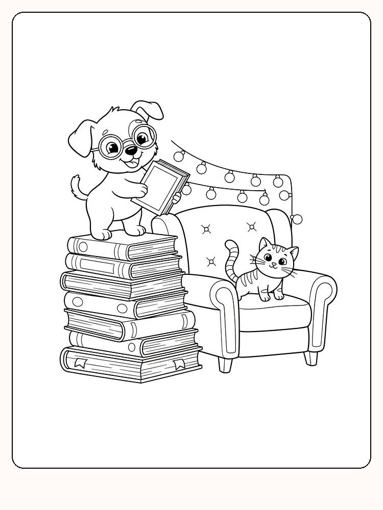 Fargeleggingsbilde av en hund med bok på boksstabel og en katt i stol