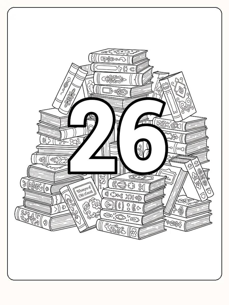 Ausmalbild von einem Stapel Bücher mit der großen Zahl 26 in der Mitte, bereit zum Ausdrucken.