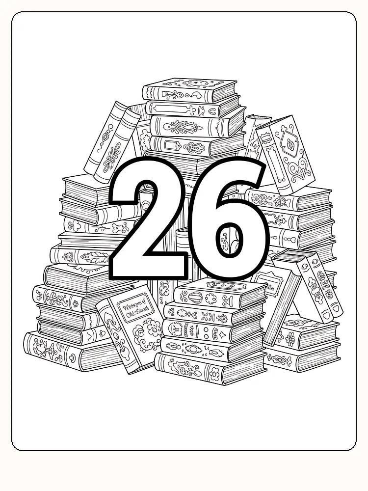 Ausmalbild von einem Stapel Bücher mit der großen Zahl 26 in der Mitte, bereit zum Ausdrucken.
