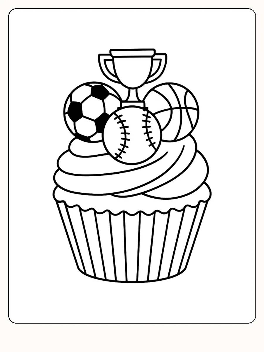 Fargeleggingstegning av en cupcake toppet med ulike sportsobjekter, klar for utskrift