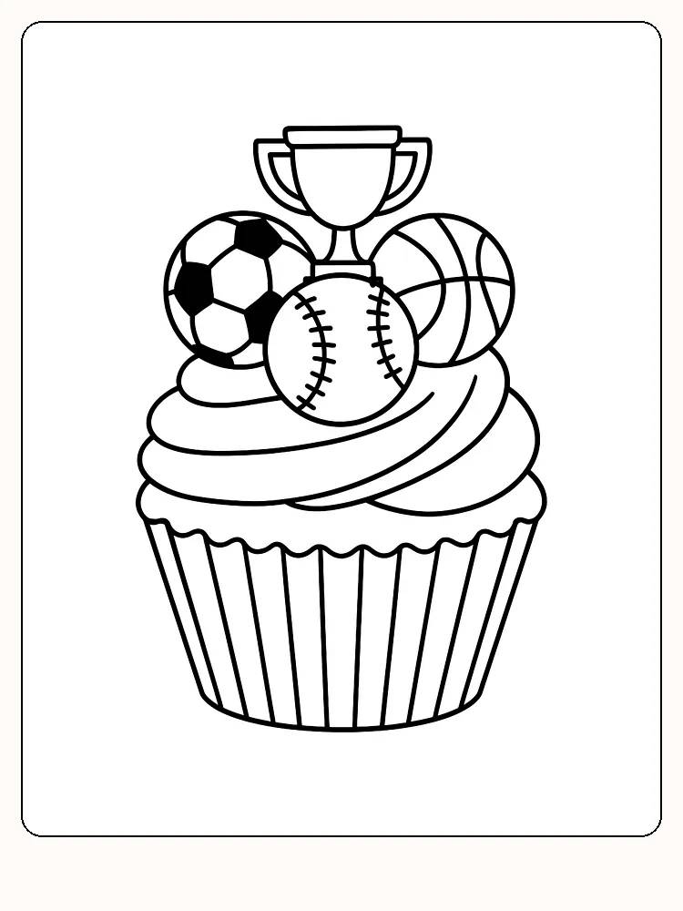 Fargeleggingstegning av en cupcake toppet med ulike sportsobjekter, klar for utskrift