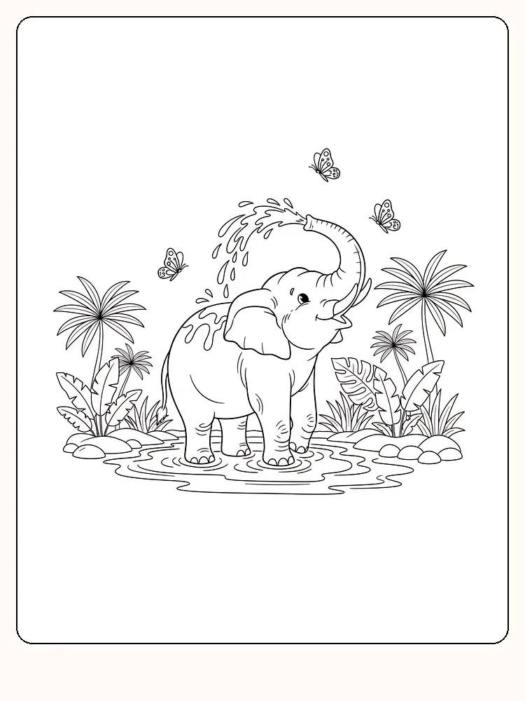 Fargeleggingstegning av en elefant som leker i vannet med sommerfugler rundt seg