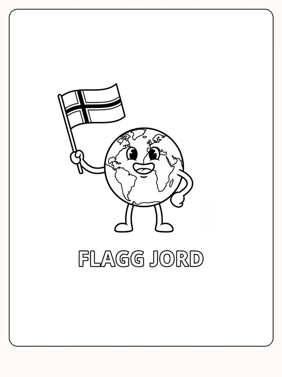 Tegning til farvelægning af jordklode, der holder et norsk flag, klar til print