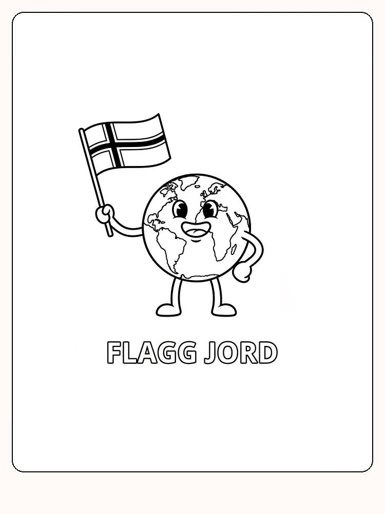 Tegning til farvelægning af jordklode, der holder et norsk flag, klar til print