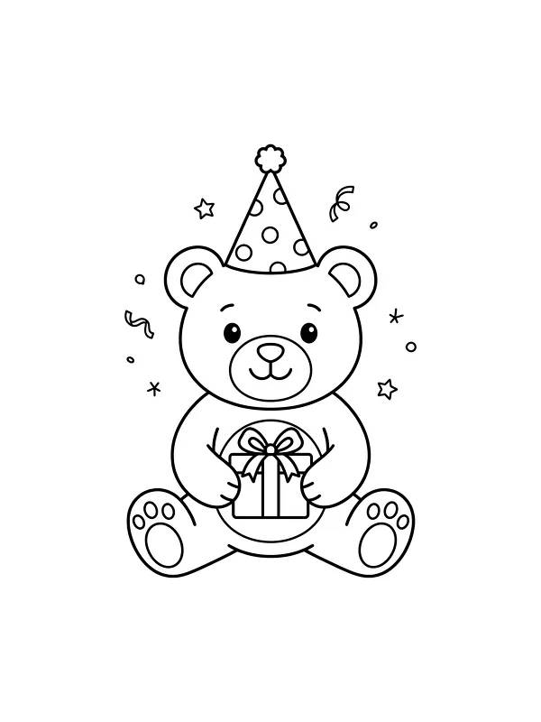 Ours en peluche avec un chapeau d'anniversaire et un cadeau