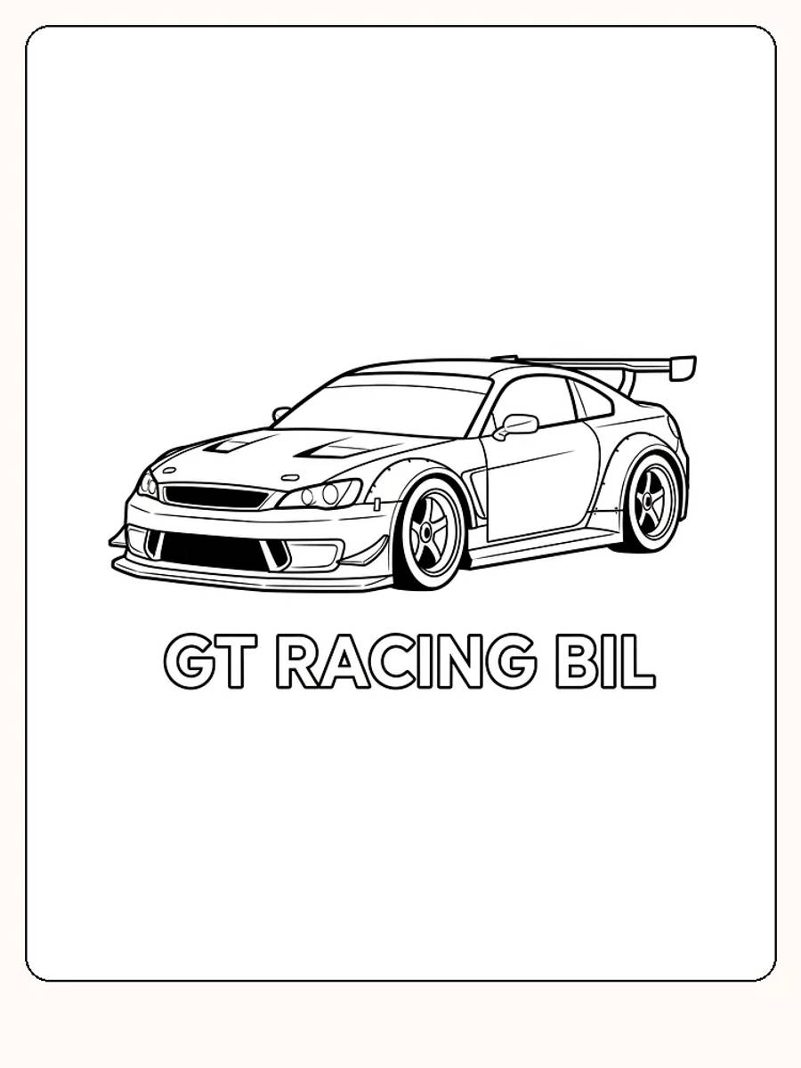 Tegning til farvelægning af en GT-racerbil med sporty design, klar til print
