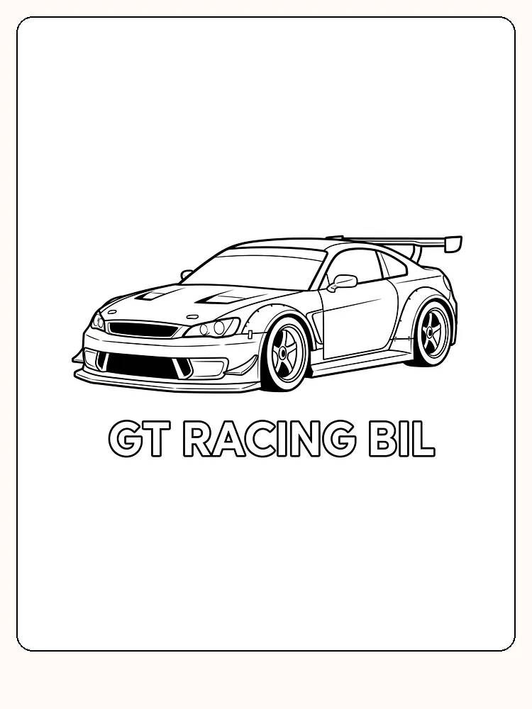 Tegning til farvelægning af en GT-racerbil med sporty design, klar til print