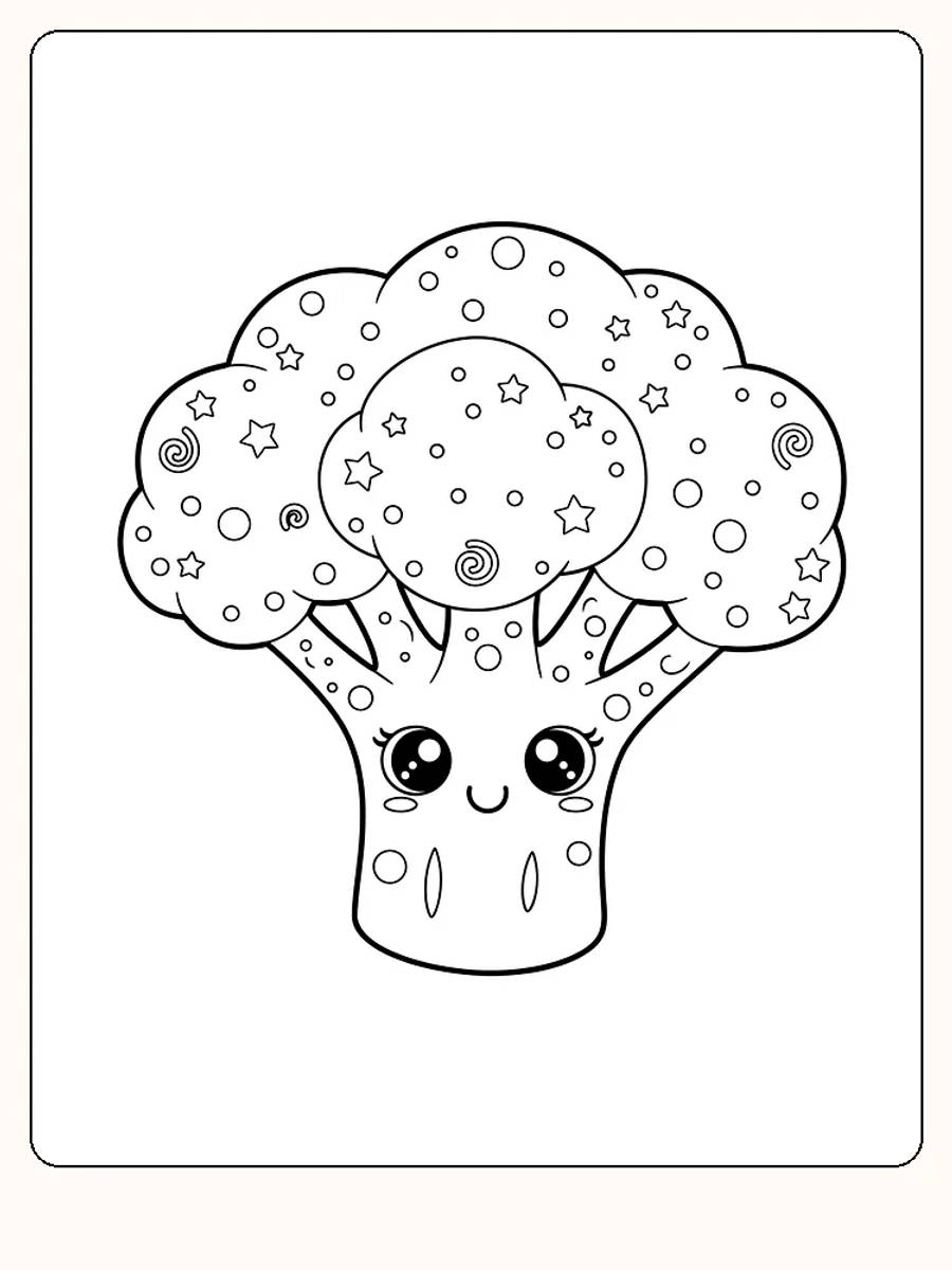 Tegning til farvelægning af en sød broccoli med store, bedårende øjne, klar til print