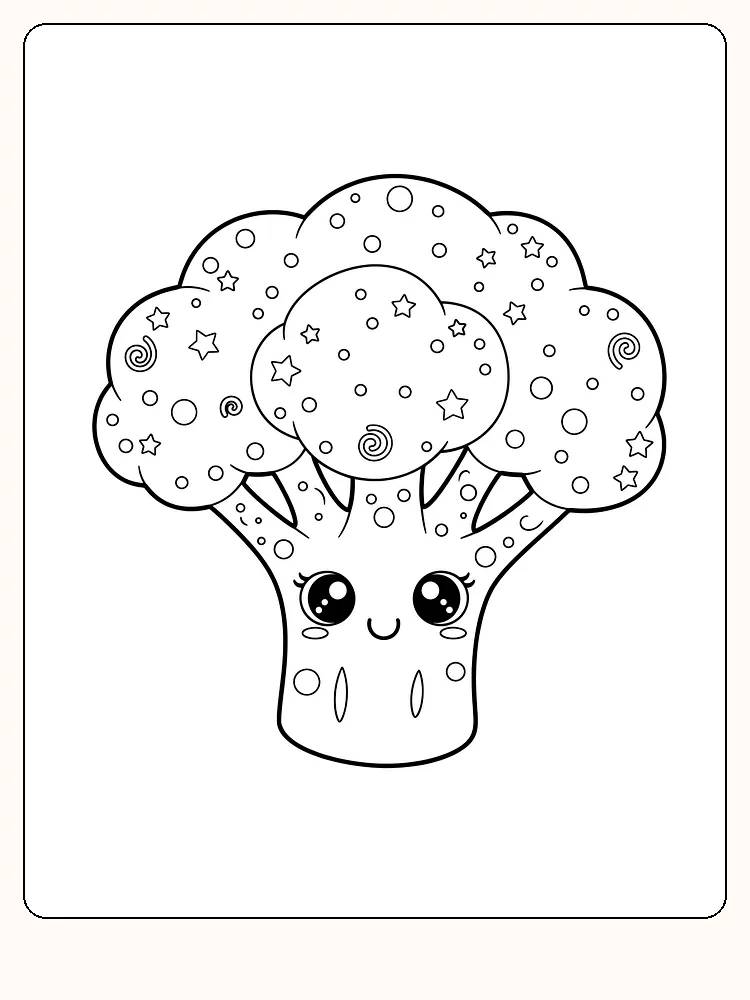 Tegning til farvelægning af en sød broccoli med store, bedårende øjne, klar til print
