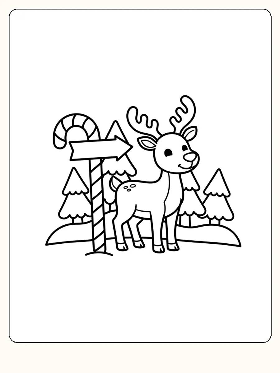 Fargeleggingsbilde av en rein med julepynt og skilt, klar til jul