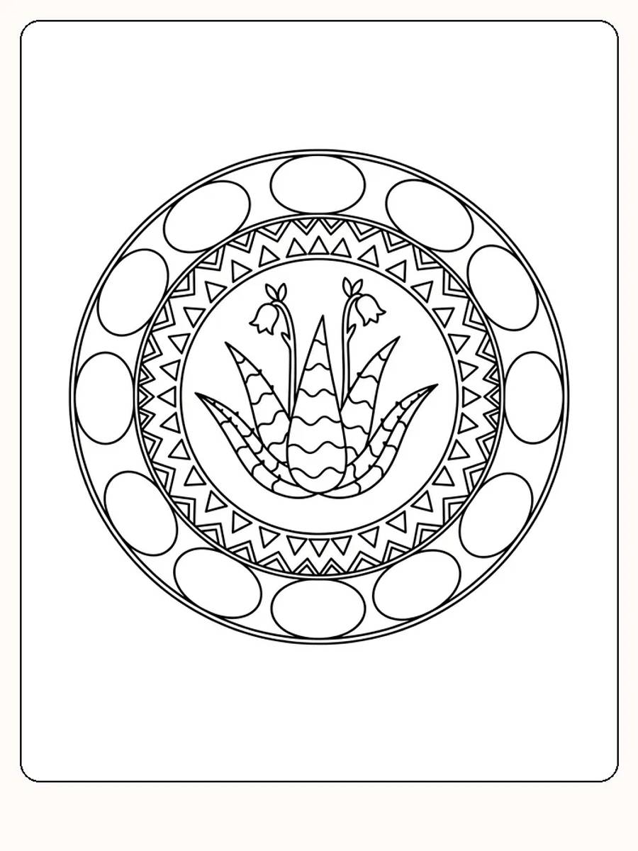 Ausmalbild einer Mandala mit Blumenmotiven und geometrischen Mustern