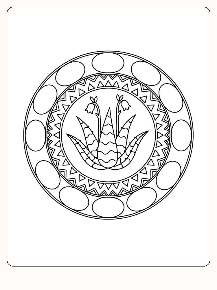 Ausmalbild einer Mandala mit Blumenmotiven und geometrischen Mustern