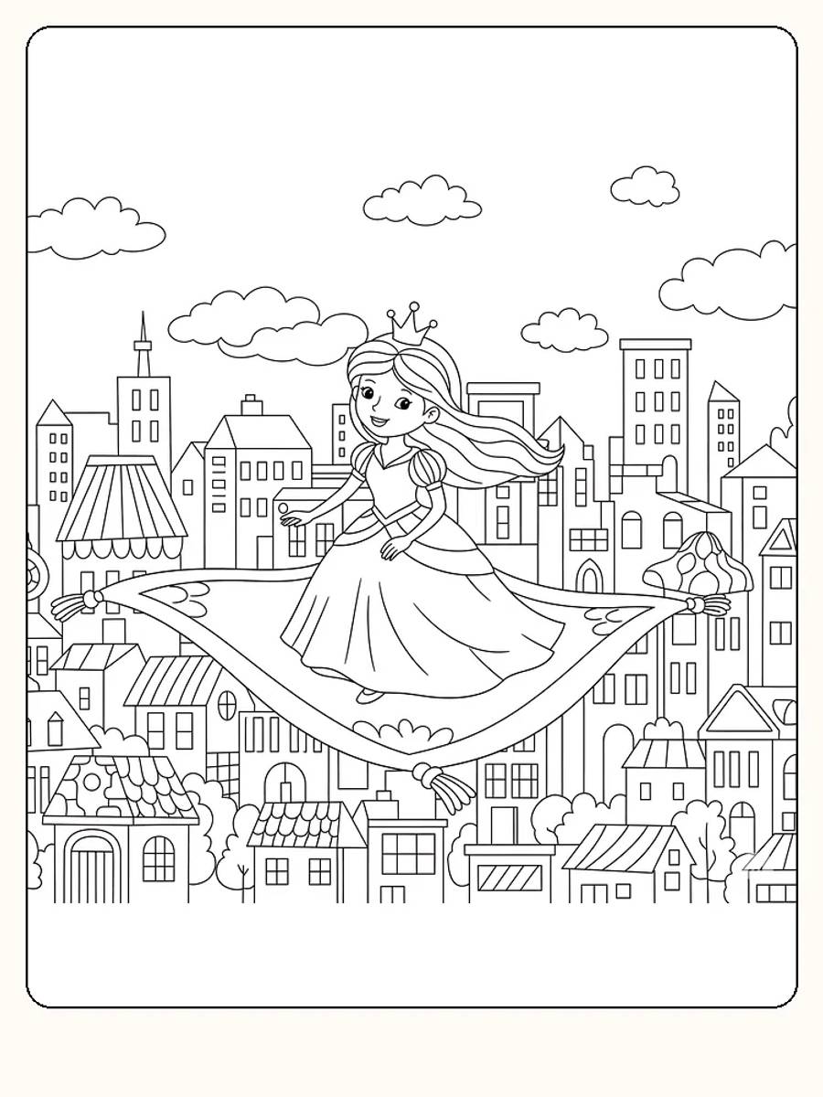 Fargeleggingstegning av prinsesse på et flygende teppe over en by, klar for utskrift