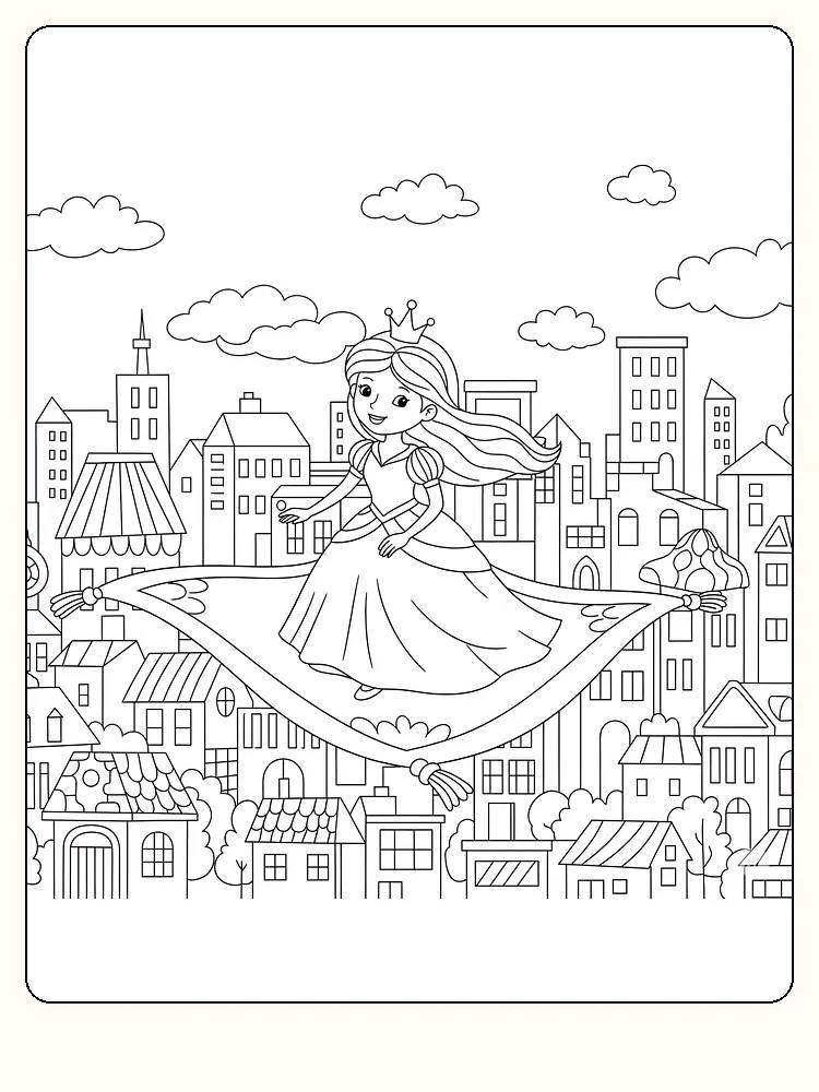Fargeleggingstegning av prinsesse på et flygende teppe over en by, klar for utskrift