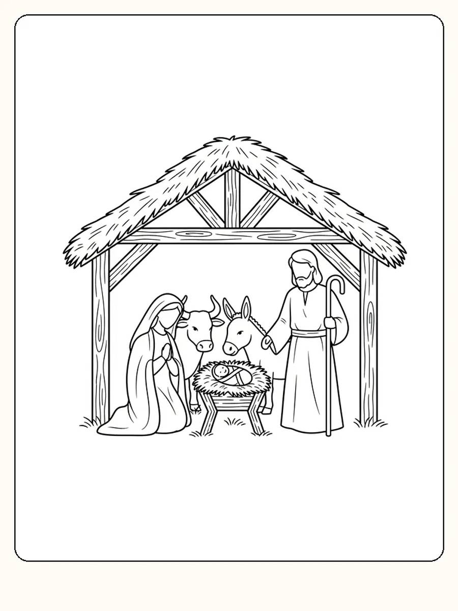 Fargeleggingstegning av en julekrybbe med Jesusbarnet, Maria, Josef, og dyr. Klar for utskrift