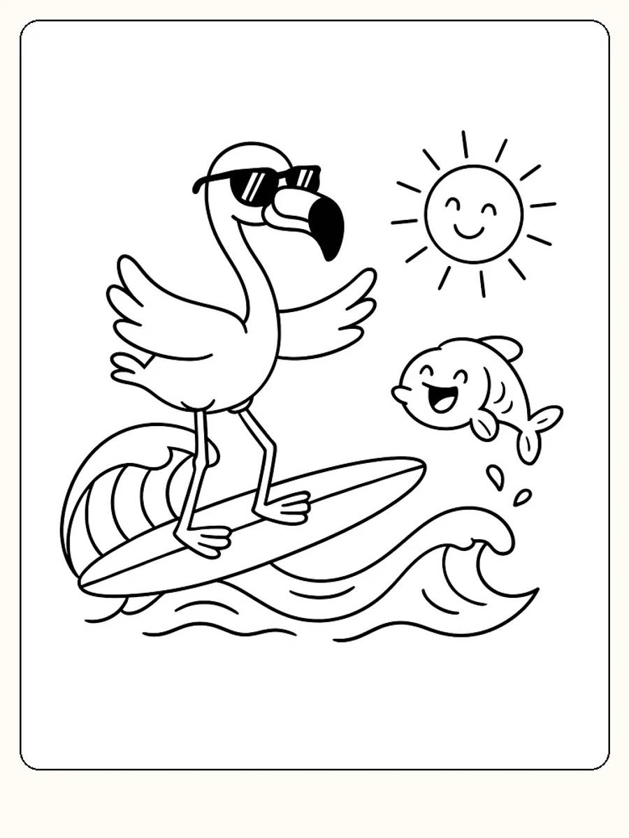 Fargeleggingsbilde av en flamingo med solbriller som surfer, med sol og smilende fisk
