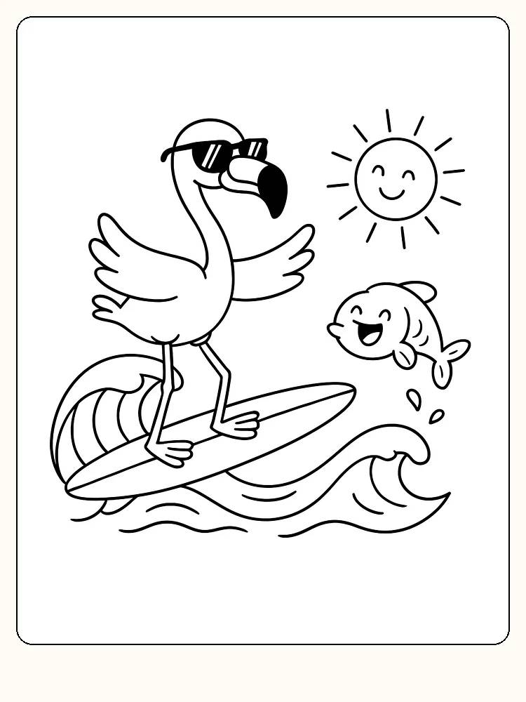 Fargeleggingsbilde av en flamingo med solbriller som surfer, med sol og smilende fisk