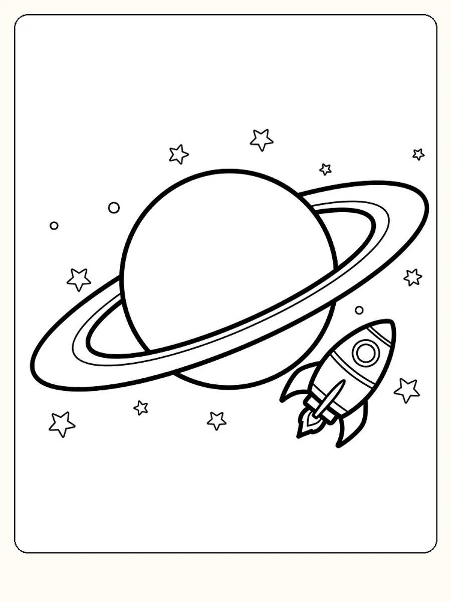 Fargeleggingsside med planeten Saturn og en rakett omgitt av stjerner