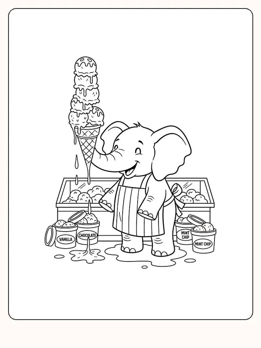 Elefant som holder en stor iskremkjeks med ulike smaker for fargelegging
