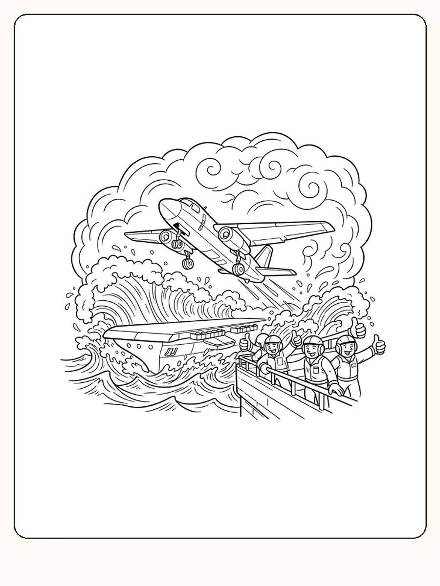 Målarbild av ett fly som landar på ett hangarfartyg omgiven av vågor och personal.