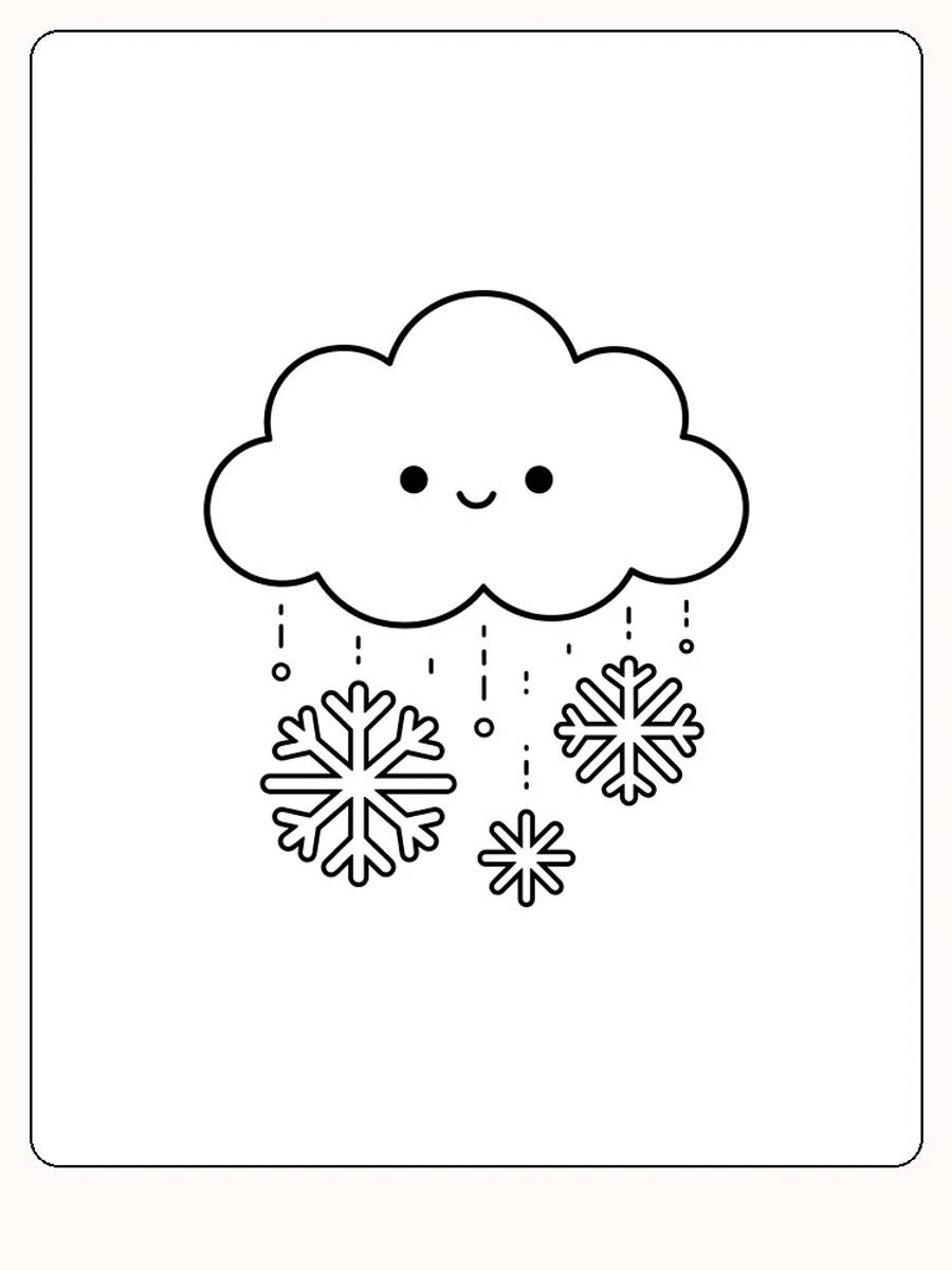 Nuage souriant en haut, avec de la neige en pointillés en dessous et trois cristaux de neige de tailles différentes