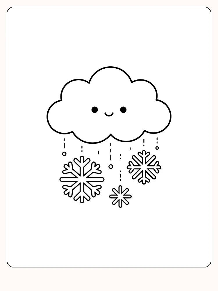Nuage souriant en haut, avec de la neige en pointillés en dessous et trois cristaux de neige de tailles différentes