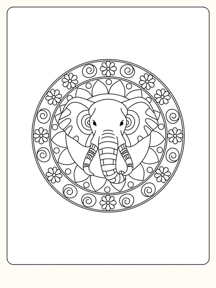Fargeleggingstegning av en elefant i mandala-ramme med blomster, klar for utskrift