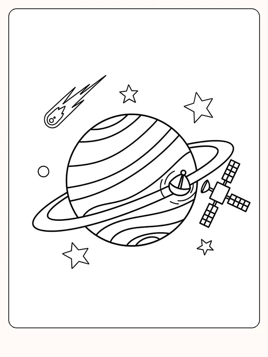 Fargeleggingsbilde av planet med ringer, satellitt og stjerner for utskrift
