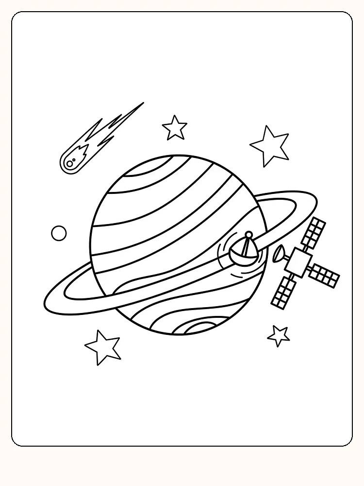 Fargeleggingsbilde av planet med ringer, satellitt og stjerner for utskrift