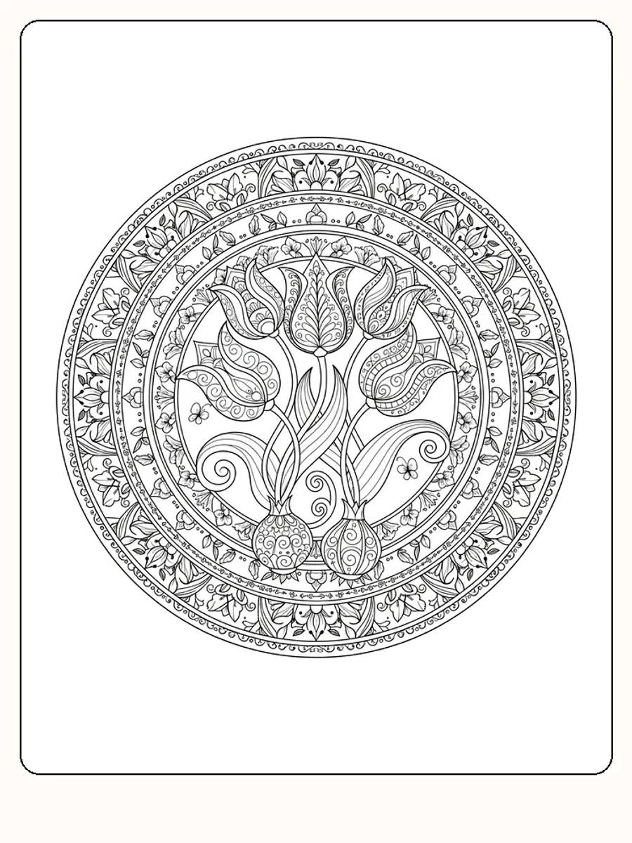 Ausmalen einer komplexen Mandala mit Blumen und detaillierten Mustern, perfekt für eine entspannende Aktivität.