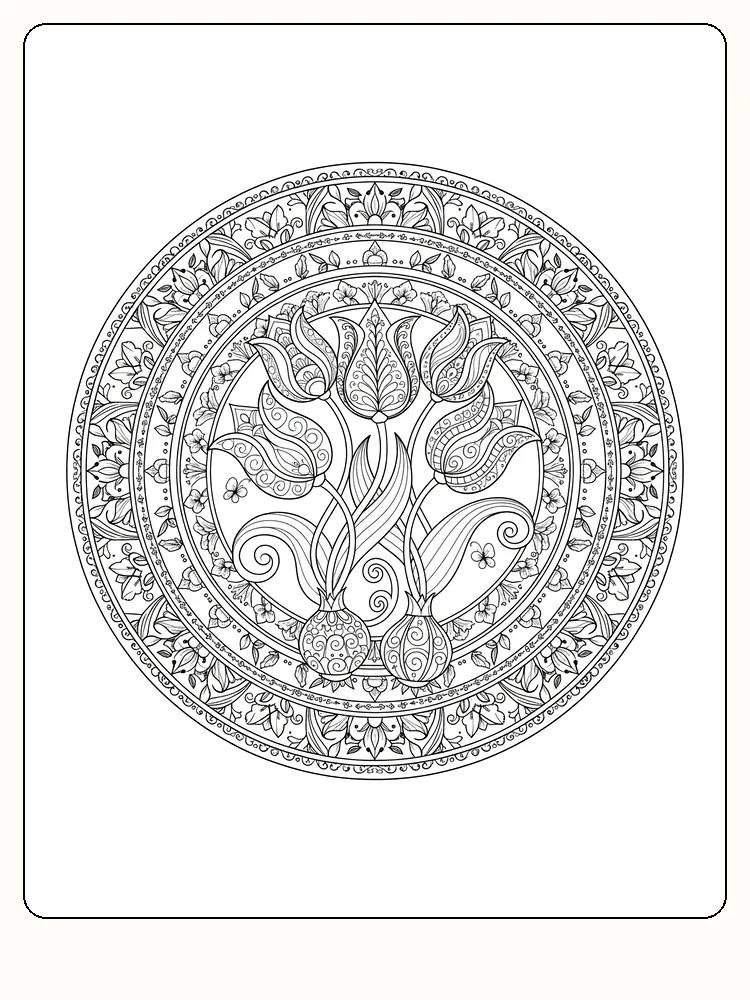 Ausmalen einer komplexen Mandala mit Blumen und detaillierten Mustern, perfekt für eine entspannende Aktivität.