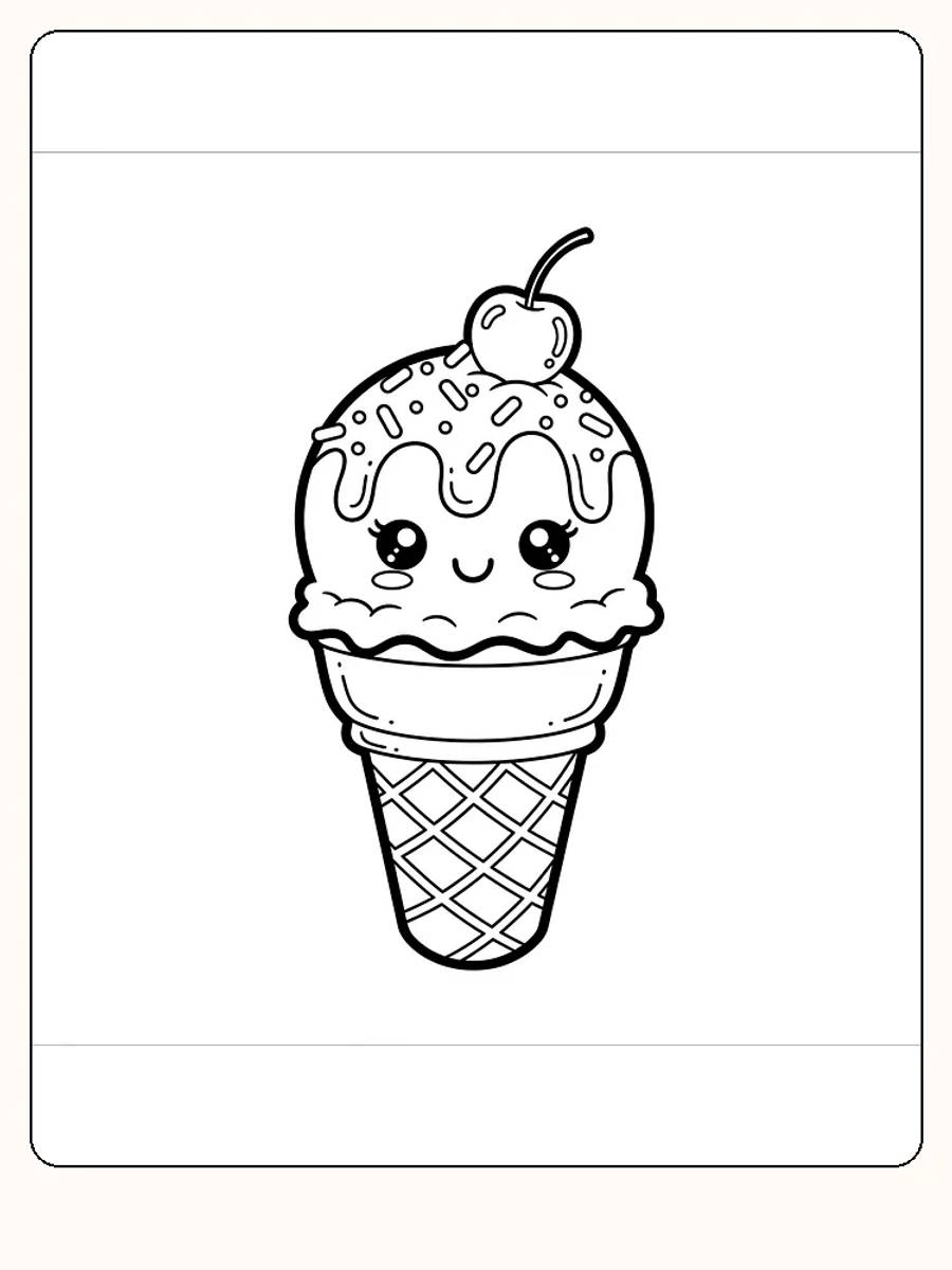 Tegning til farvelægning af kawaii-is med kirsebær på toppen, perfekt til print