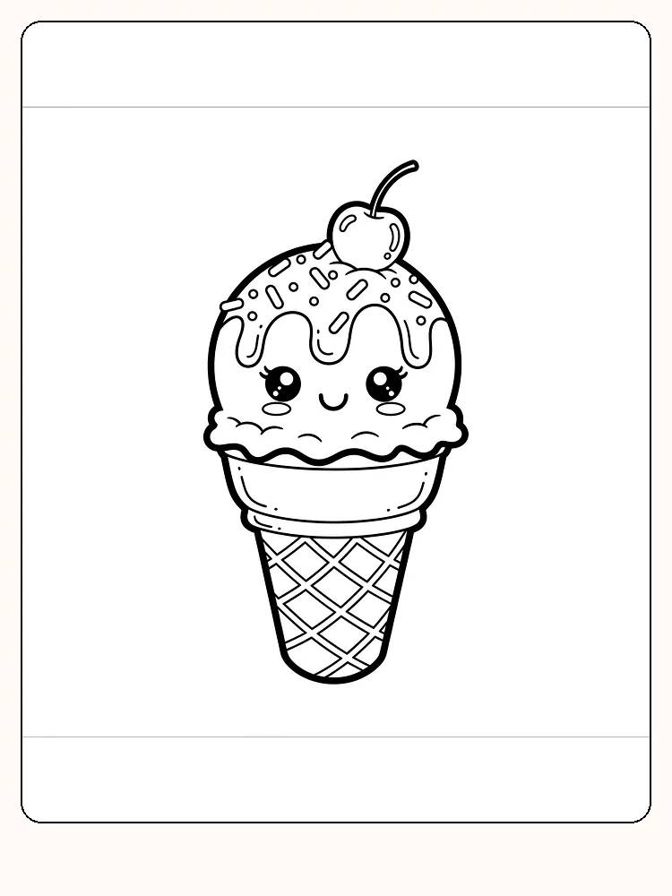 Tegning til farvelægning af kawaii-is med kirsebær på toppen, perfekt til print