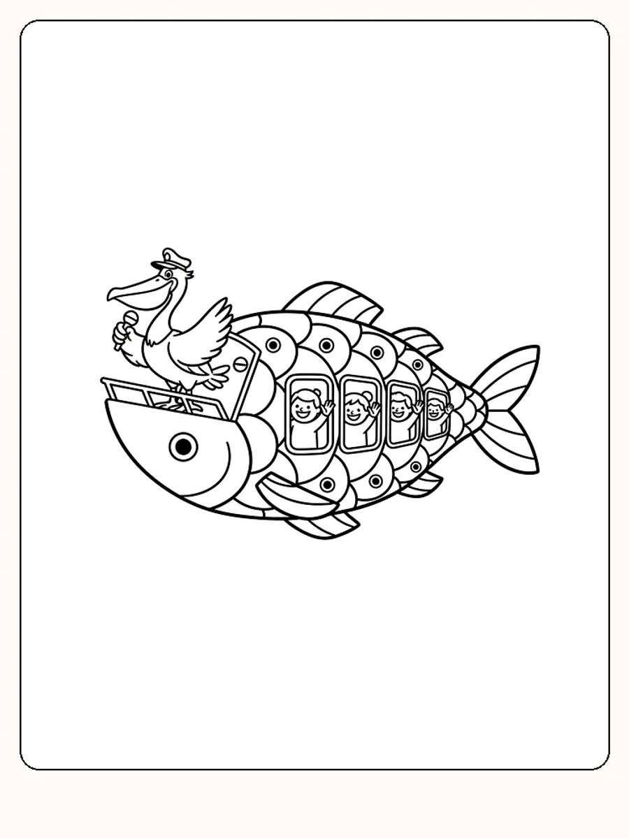 Målarbild av en buss formad som en fisk, med en pelikan som förare.
