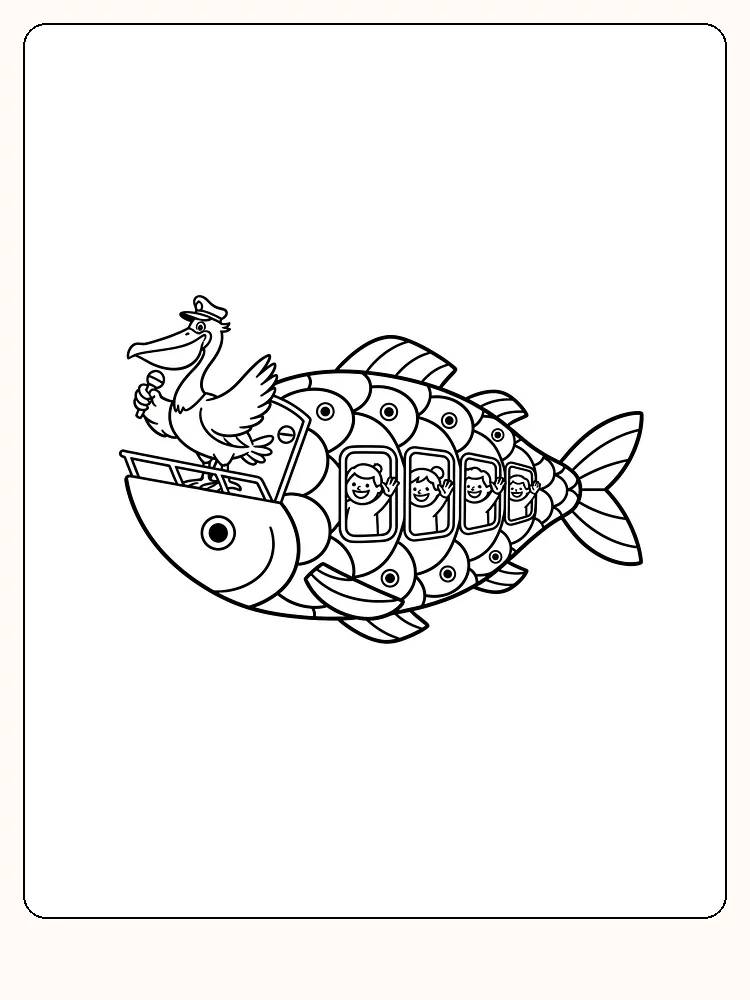 Ausmalbild eines Busses, der wie ein Fisch geformt ist, mit einem Pelikan als Fahrer.